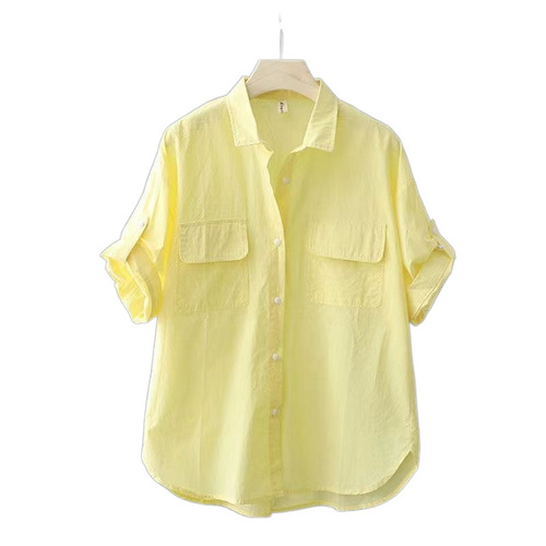 Women's Short Sleeve Solid Color Shirt 2025 Summer Outerwear Design Style Loose Thin Top for Women