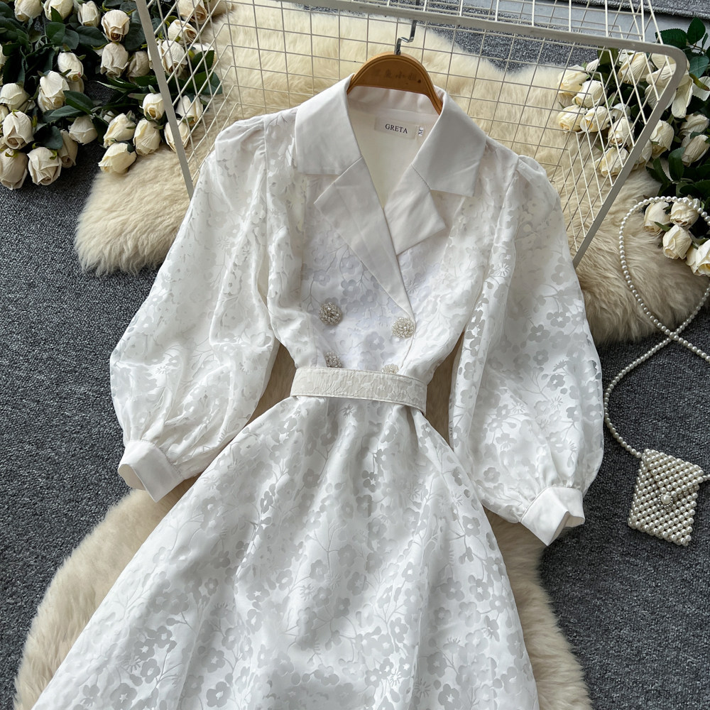 French Style Elegant V Neck Floral Dress, Korean Style, Long Sleeves, Lapel Collar, Fitted Waist, A Line Long Skirt, Sophisticated And Suitable For Commuting._ecoleips.com