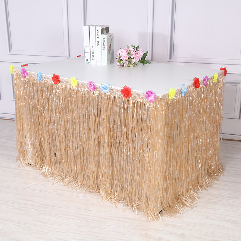 Falda de mesa hawaiana de hierba color paja, decoración para fiestas y festivales, 275cmx75cm