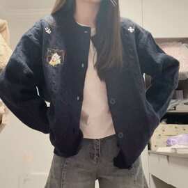 早秋可爱小狗刺绣藏青针织开衫女慵懒宽松软糯减龄圆领毛衣外套