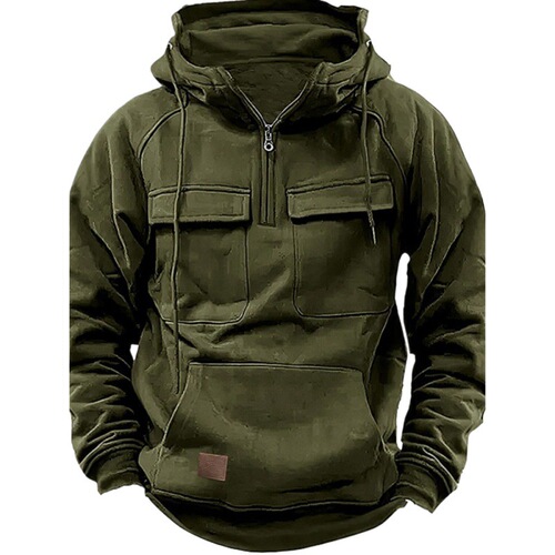 Spring and Autumn Men's Hooded Solid Color Sweatshirt, European and American Youth Sports Multi-Pocket Faux Fur Sweatshirt Jacket