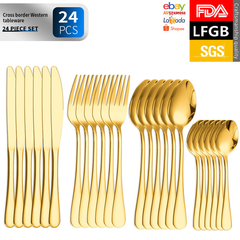 Amazon 1010 Stainless Steel Cutlery Set Hotel Gold Four-Piece Steak Knife, Fork, Spoon 24-Piece Mirror Polished Amazon 1010 Stainless Steel Cutlery Set Hotel Gold Four-Piece Steak Knife, Fork, Spoon 24-Piece Mirror Polished