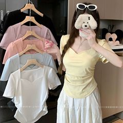 大码方领泡泡袖短袖t恤女夏季2025新款胖mm宽松显瘦遮肉外穿上衣