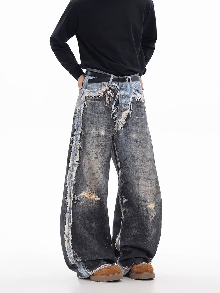 Unisex Distressed Denim Jeans 3D Printed Japanese Streetwear Style Long Pants for Men And Women_mkmklike.com