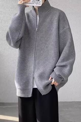 Retro Color-Block Cardigan – Oversized Stand Collar Sweater With Dual-Zip (M-3XL, Grey/Black)_voghion.com