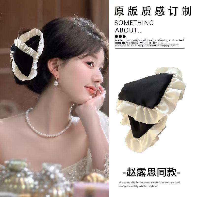 新作レトロ韓国風布製リボン三角ヘアクリップ、女性用大型ヘアクリップ、後頭部の髪量が多い方用シャーククリップ|undefined