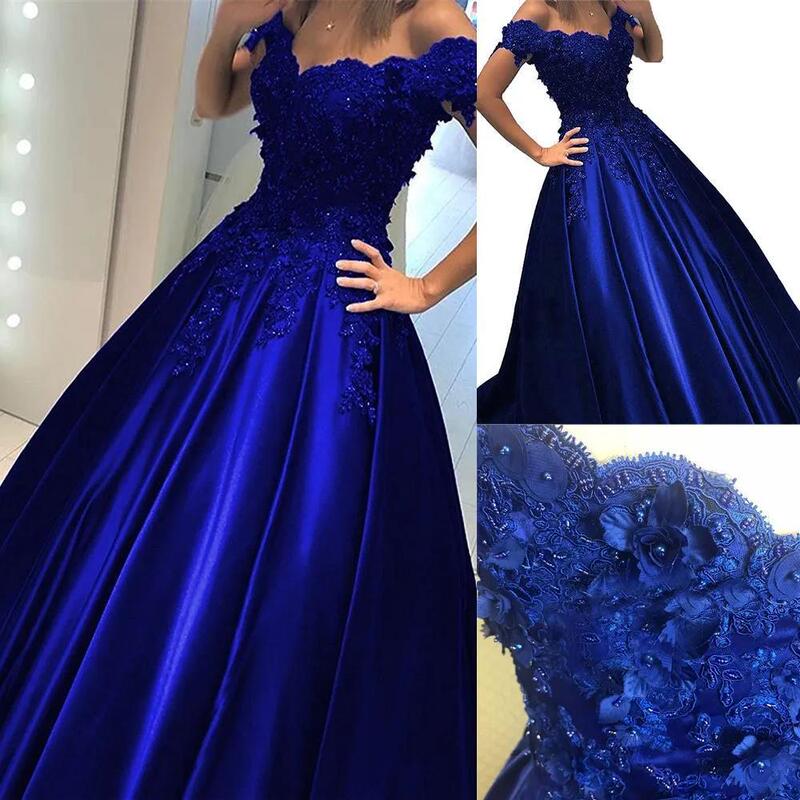 2026 Amazon New Simple Evening Dress Off-Shoulder Lace Applique Prom Satin Coming-Of-Age Ceremony Performance Dress