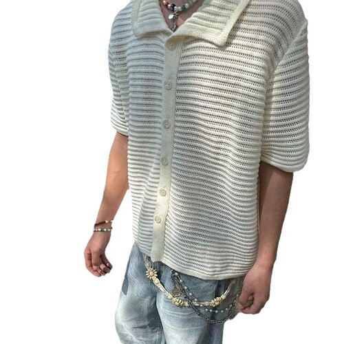 Men's Summer Knit Top Short Sleeve Minority Retro Lace Open Cardigan Old Money Style Collar Half Sleeve Top