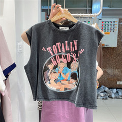 2025 ノースリーブ tシャツ女性の夏の新しいプリントルーズストリートヒップスターベスト 1688 ドロップシッピング