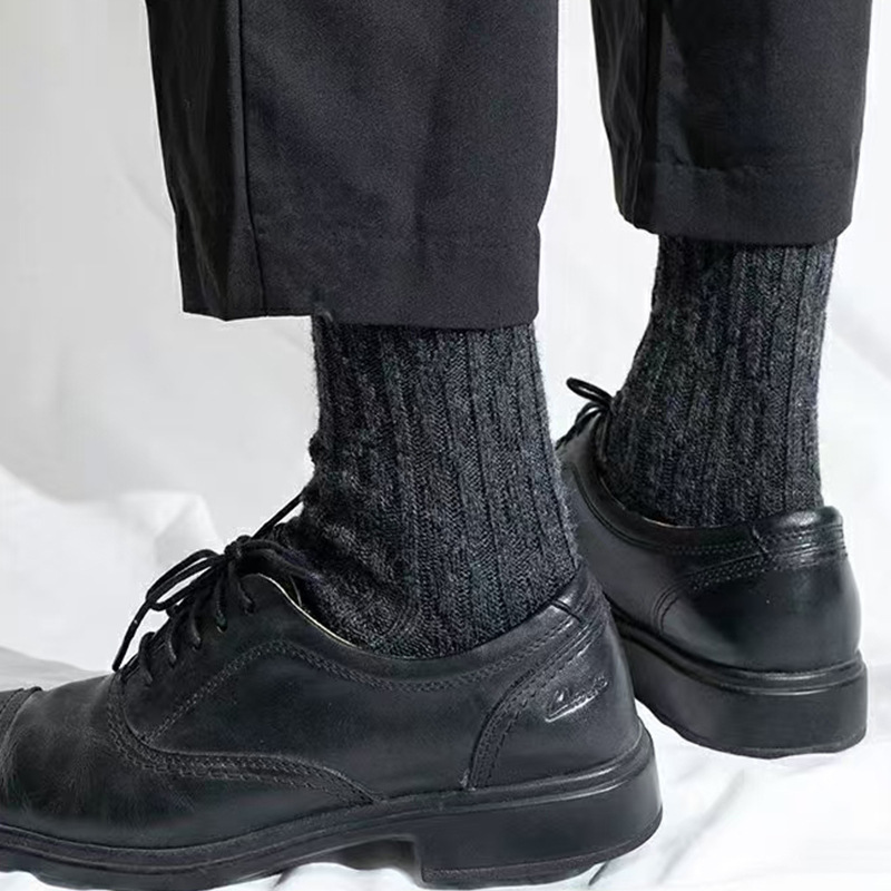2026 New Men's Business Socks, Solid Color Cable Knit Mid-Calf Socks, Black Versatile Gentleman Long Socks, Spring and Autumn Thermal Socks