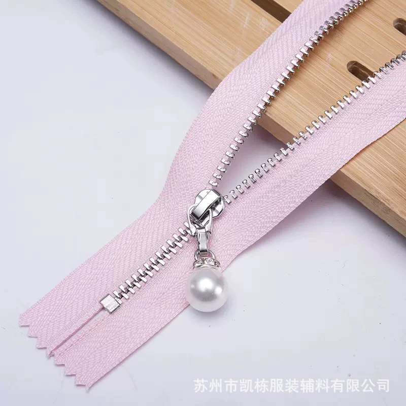 3#5#Light golden white gold, brass tooth luggage clothing real copper with pearl tie head 3 metal closed tail zipper