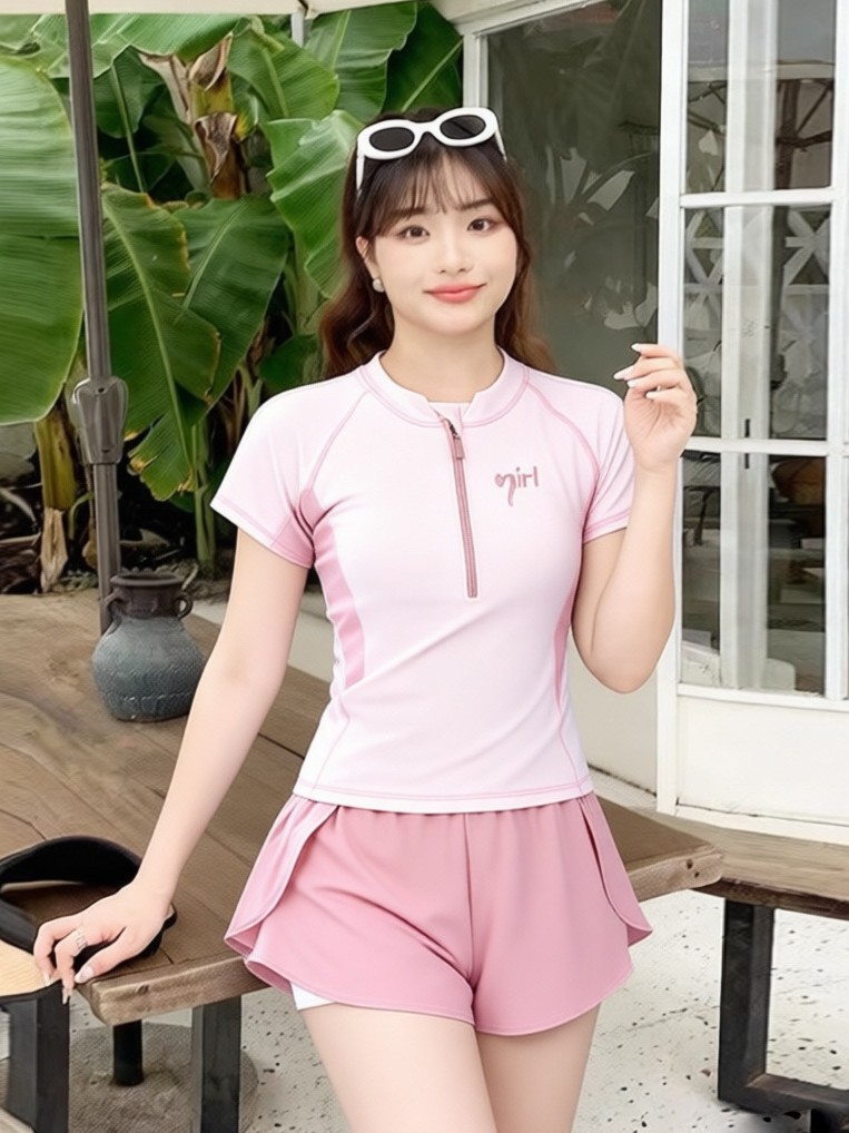 80kg Wholesale Swimwear Sports Two-Piece Set Plus-Size Women's Short-Sleeve Slimming Color-Block Hot Spring Swimsuit