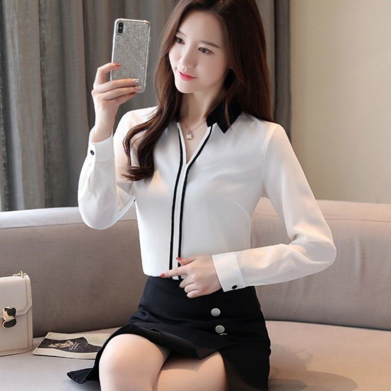 シャツの女性の長袖の2024春の服装の新型の婦人服の襟は色の上着にぶつかってゆったりしていてやせています。|undefined