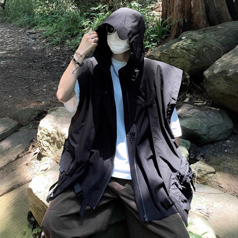 Workwear Vest Men's Summer New Fashion Brand Outdoor Functional Multi-Pocket Fashionable Sports Outer Wear Casual Hooded Jacket