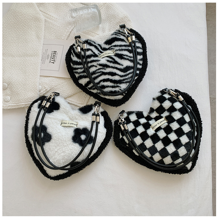 Women's Small Plush Zebra Flower Checkered Streetwear Heart-shaped Magnetic Buckle Underarm Bag display picture 6