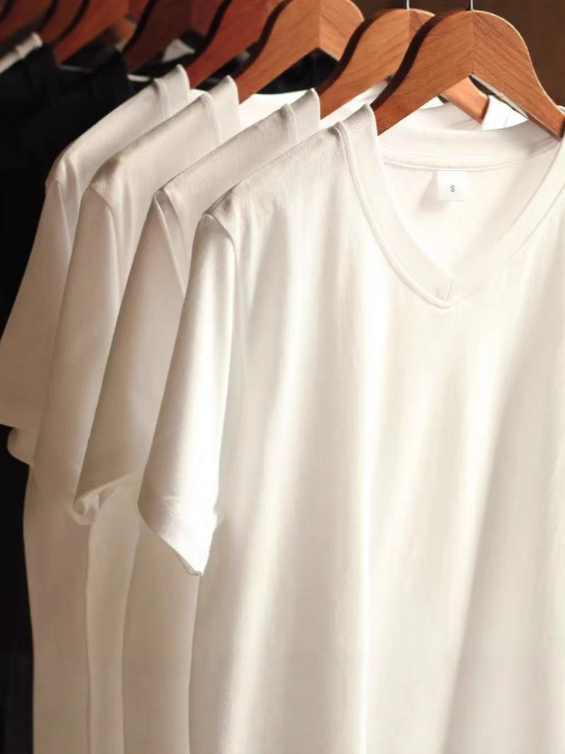 Summer Solid Color V-Neck Short-Sleeve New Pure Cotton Breathable Thin Trendy Simple Versatile Casual Base Shirt Top for Men