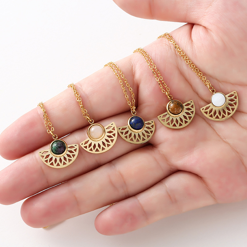 Retro Sector Stainless Steel Inlay Natural Stone Pendant Necklace 1 Piece