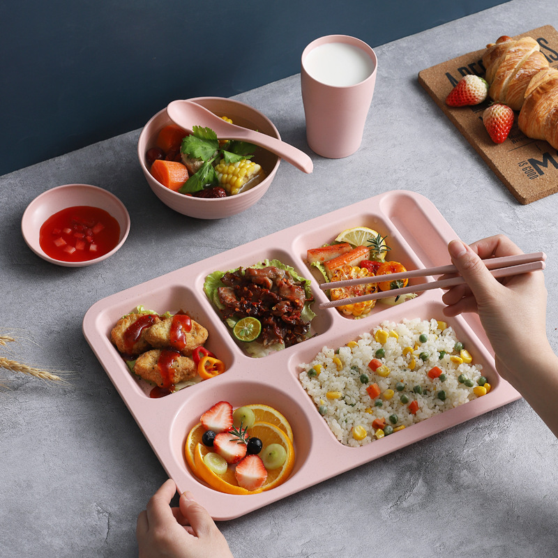 Plato de paja de trigo para adultos conjunto de seis piezas separado plato grande Arroz Tazón Cuchara Taza placa traje cantina estudiante engrosamiento image 4