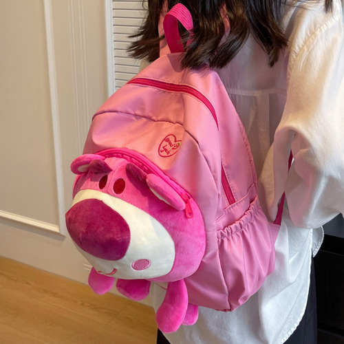 Three-dimensional pink fur bear head doll backpack, cute school bag, plush cartoon Japanese doll backpack, middle school student and junior high school student