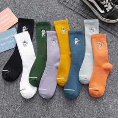 秋冬情侶襪純色ins潮刺繡棉短襪宇航員百搭中筒襪運動潮襪子