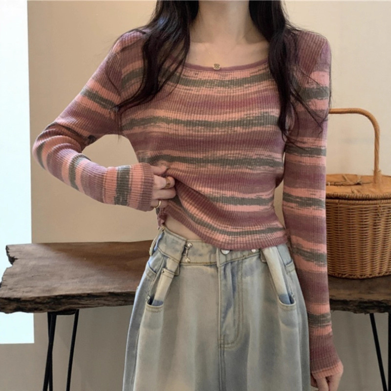 Right Shoulder Stripesd Low Collar Knitted Bottoming Shirt for Women Autumn and Winter New Large Size Fat mm Niche Long-Sleeved Slimming Look Top