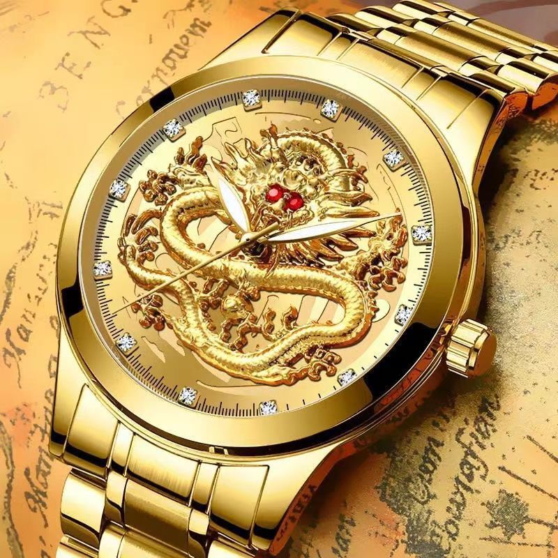 Dropshipping Embossed Men's Watch Luminous Gold Dragon Steel Band Men's Watch Quartz Watch Large Dial Trendy Model