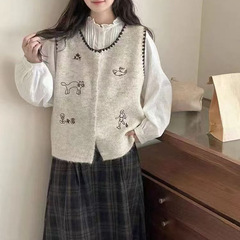 韩系卡通刺绣无袖针织马甲背心女秋冬时尚减龄显瘦叠穿马夹上衣潮