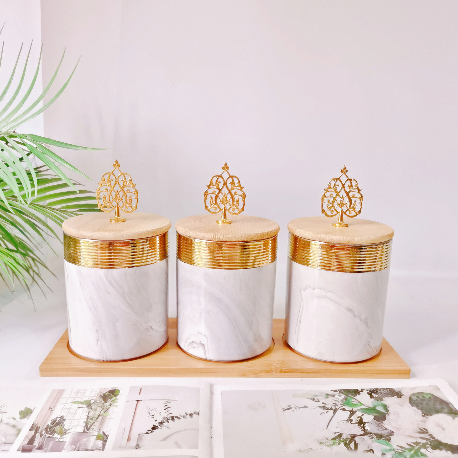 Medio Oriente exportación galvanoplastia sellado tarro cerámica de tres piezas de almacenamiento tarro cocina condimento tarro caramelo tarro café tarro