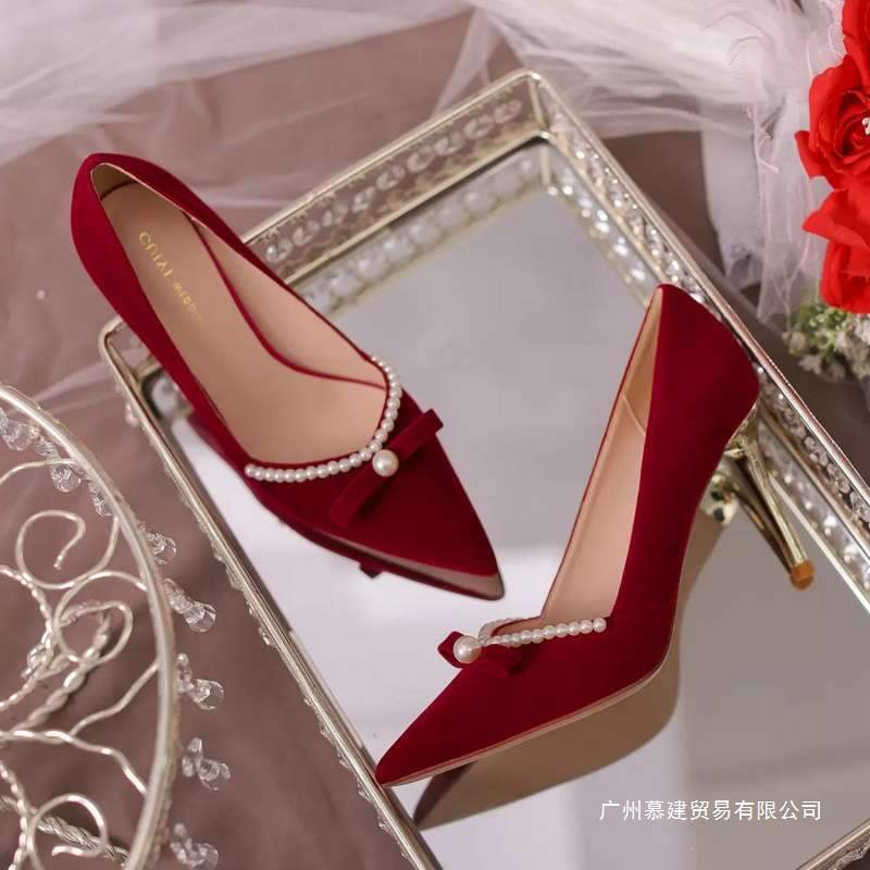 婚鞋秀禾婚纱两穿2025年春秋新款新娘鞋细跟单鞋女珍珠红色高跟鞋|undefined
