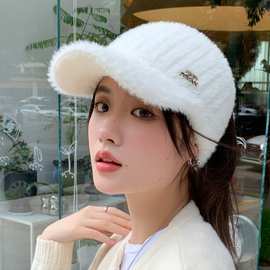 帽子冬天女款时尚白色韩版毛绒空顶帽百搭保暖大头围针织鸭舌帽