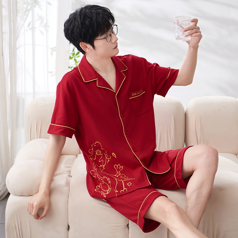 Pijamas de verano Algodón puro noble cardigan manga corta boda festiva rojo brillante desgaste hogar nacimiento año primavera y otoño traje