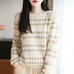 100%纯羊毛衫针织毛衣女圆领花朵拼色上衣宽松菱形镂空羊绒衫打底