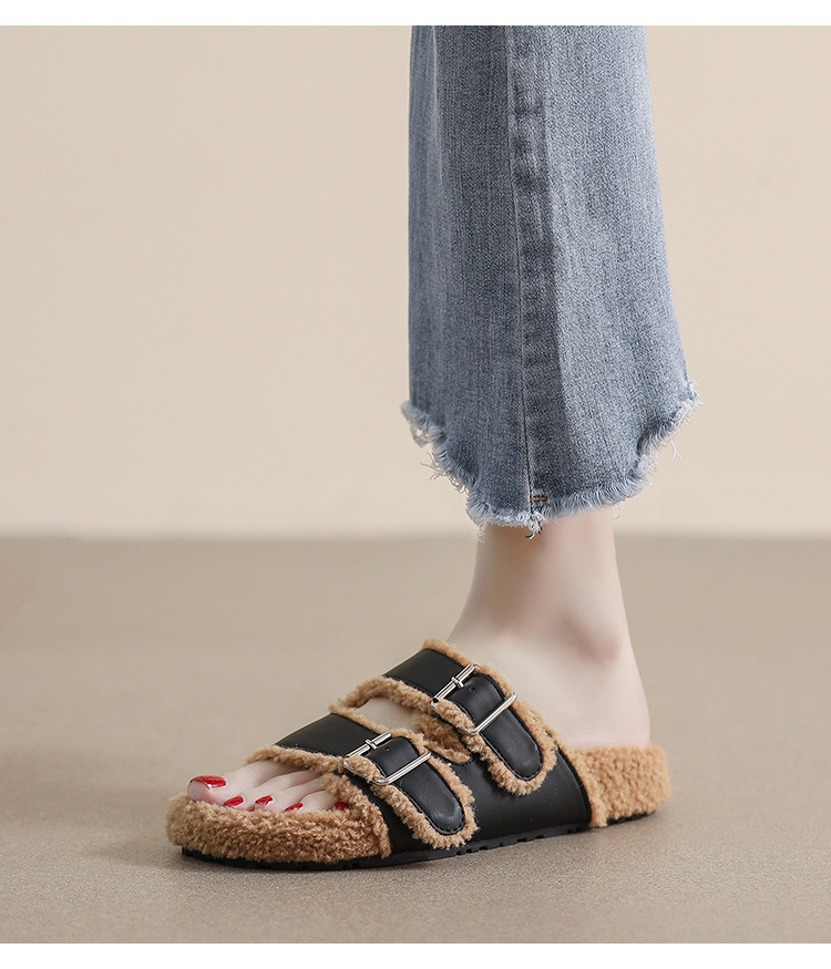 Girl Fur Slippers Women S Outerwear Autumn And Winter One Word Belt Plus Fleece Cotton Shoes To Keep Warm Net Red Large Size_voghion.com