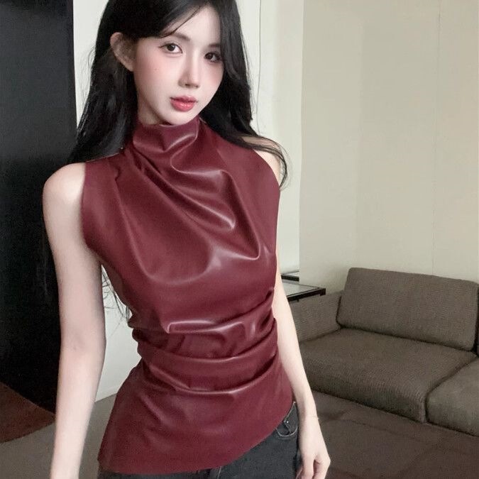 Wzxsk Sexy Pleated Pu Leather Sleeveless Vest for Women, Stylish and Slim-Fitting for Summer, Chic Inner Wear for Hot Girls Wzxsk Sexy Pleated Pu Leather Sleeveless Vest for Women, Stylish and Slim-Fitting for Summer, Chic Inner Wear for Hot Girls