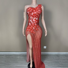 跨境热卖欧美女歌手性感片片瓣亮片紧身开叉连衣裙生日宴会派对礼