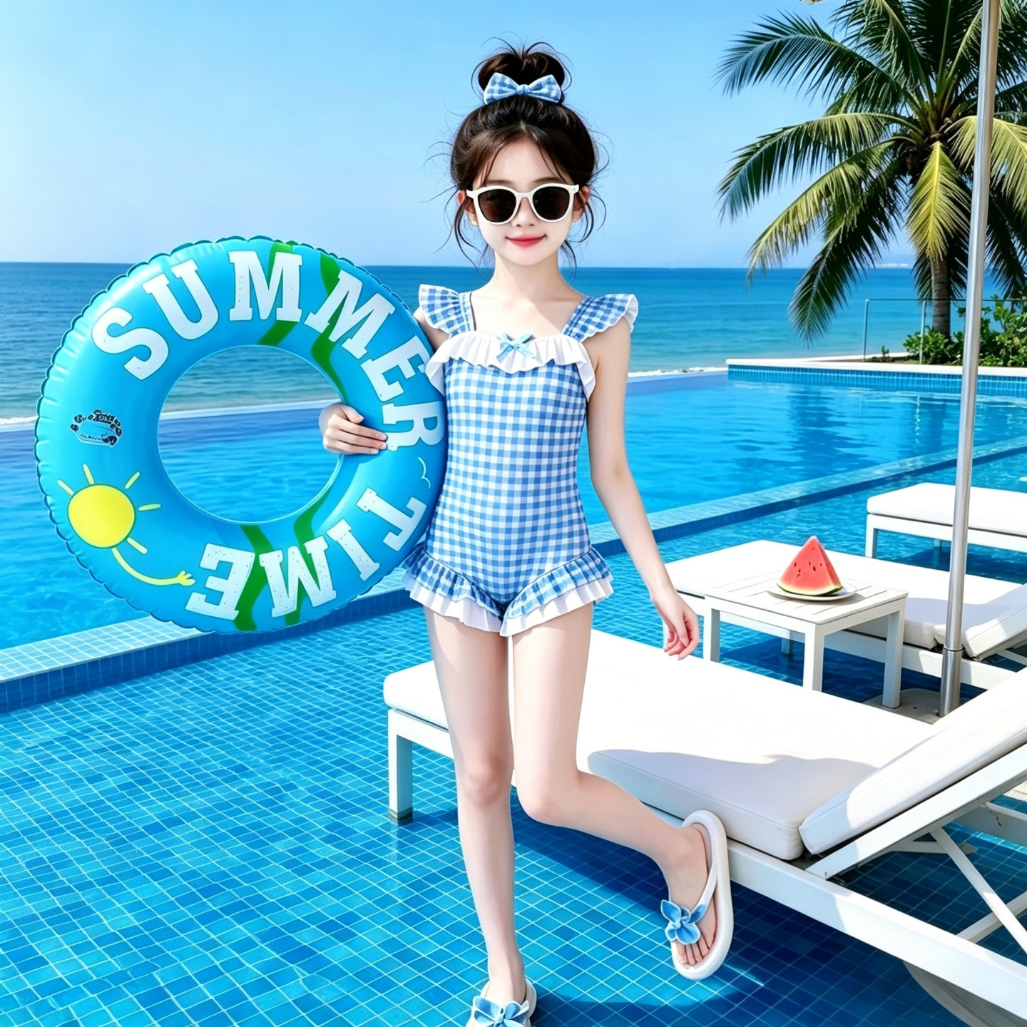 女童夏季格子连体泳衣可爱公主风无袖防晒泳装中大童新款游泳衣夏