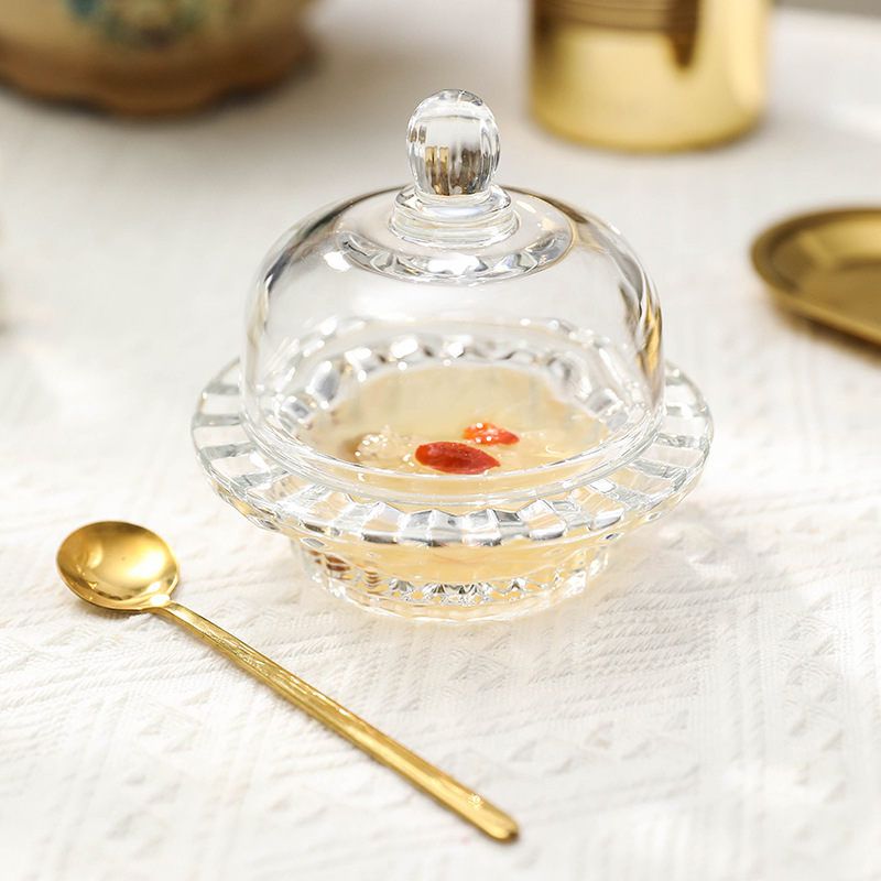 Glass Bird's Nest Cup with Lid Transparent Fruit Snack Dessert Bowl Creative Sugar Water Bowl Tremella Bowl Exquisite Set Soup Cup