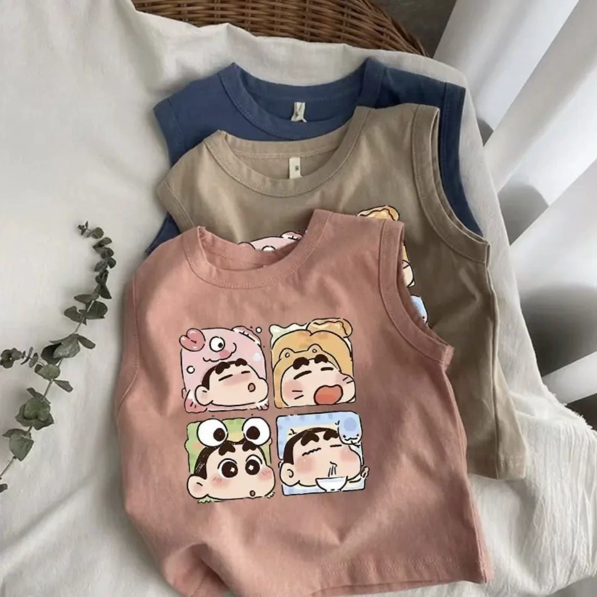Cotton children's cartoon summer vest, boys, round collar, sleeveless, sizes 80–150 cm