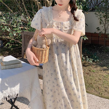 韩国ins女士外贸韩版水墨印花甜美宫廷风蕾丝宽松睡衣连衣裙外穿