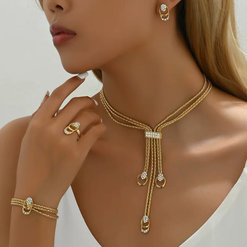 Корейское свежее ожерелье и серьги, набор, инlay из diamond камня, небольшая конструкция цепи универсальная для ключа сумки, корейский стиль, простой и элегантный дизайн, на указательном пальце