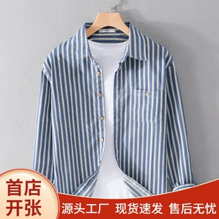 港风潮流长袖衬衫男士休闲外穿日系复古条纹百搭寸衣外套春秋新款
