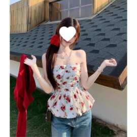一字肩抹胸碎花背心女夏季外搭新款设计感别致美背蓬蓬花苞上衣