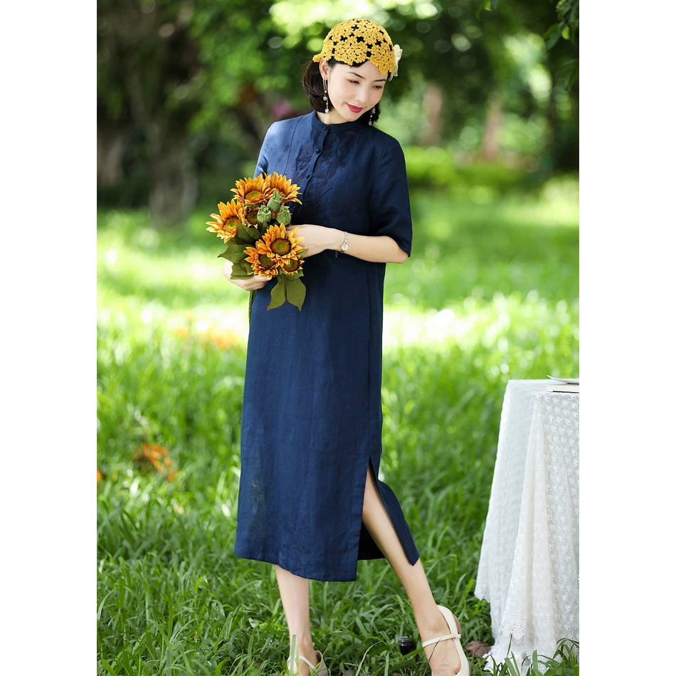 Новинка лета 2021, женская одежда из хлопка и льна, льняное платье с винтажной вышивкой, женское легкое китайское платье-Ципао с длинными короткими рукавами