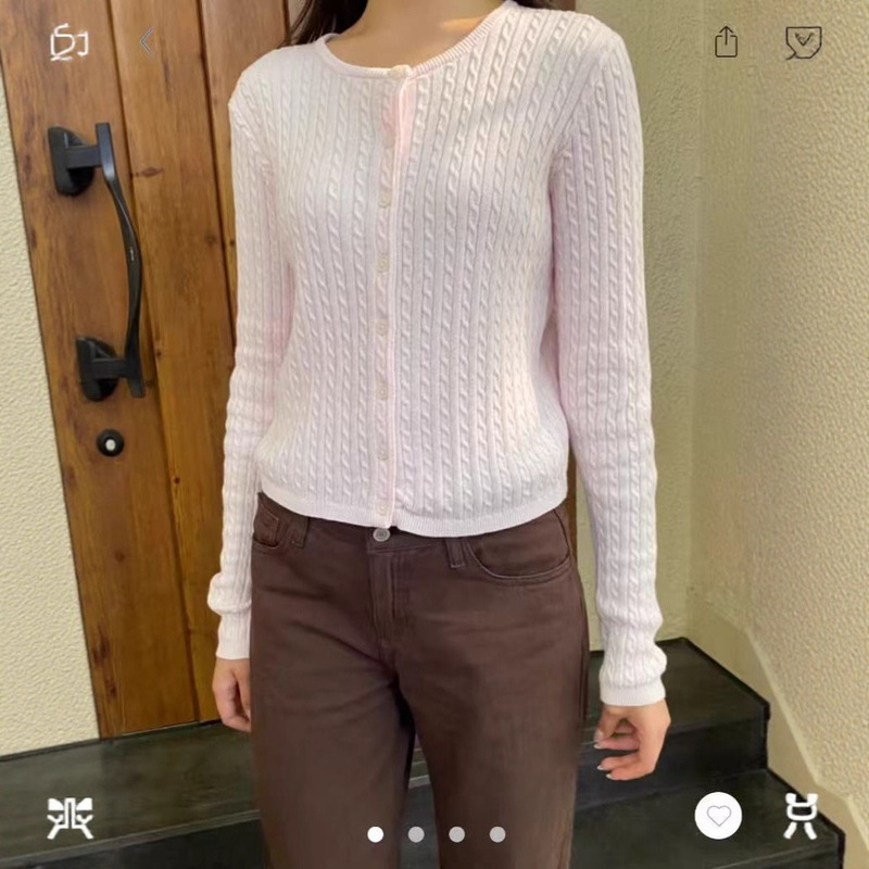 Bm Style Light Pink Twist Round Neck Long-Sleeved Knitted Cardigan Top for Women Bm New Korean Style Short Sweater Jacket