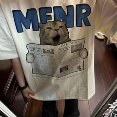 夏季美式新款趣味报纸小猫印花短袖男女潮牌百搭重磅T恤上衣