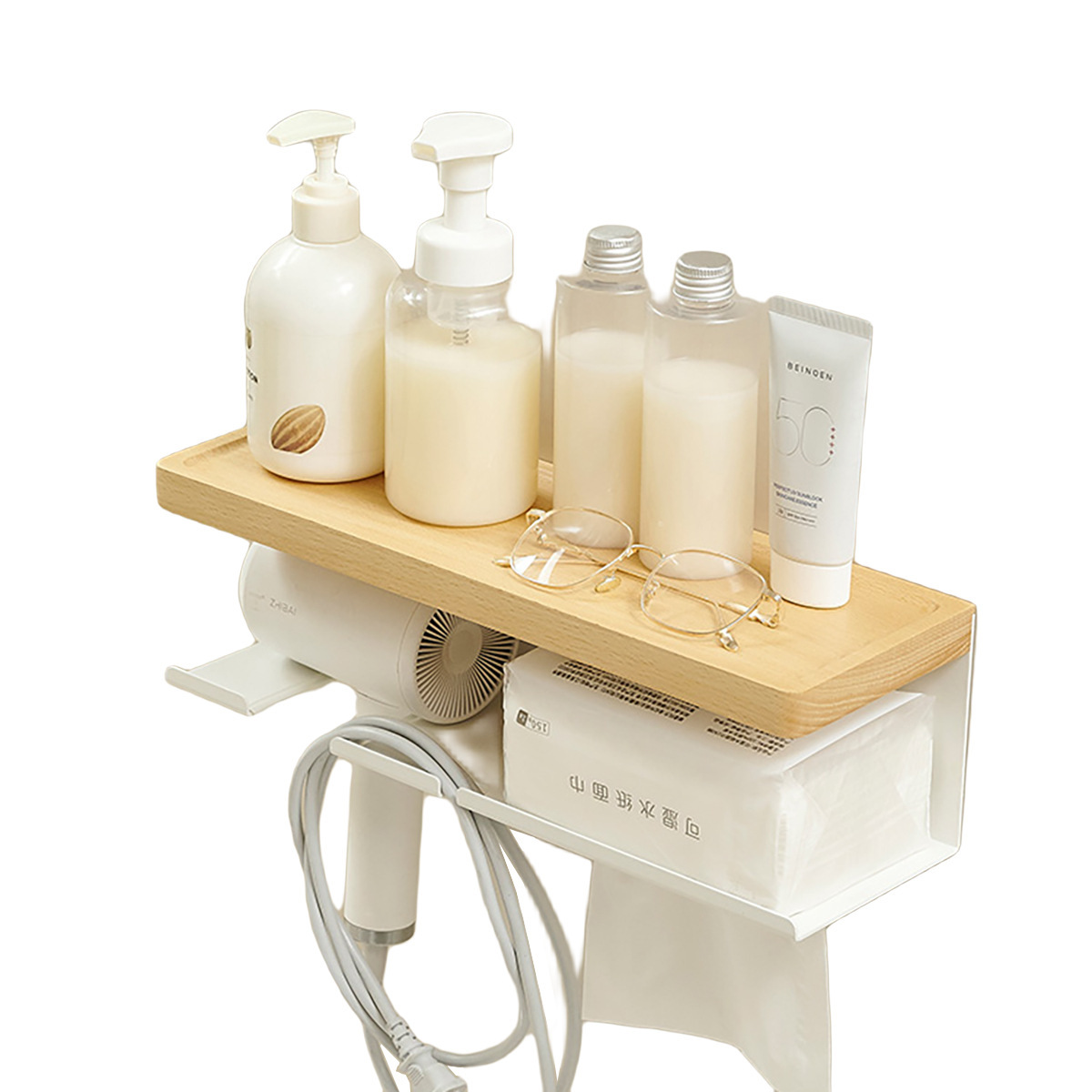 tronco de madera aire secador de cabello sin agujeros madera de hayale blanco estante de baño baño Dyson secador de cabello colgante