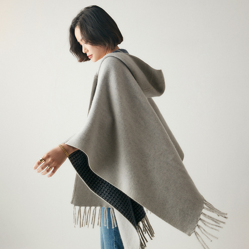 Cashmere Shawl Cape ~ Reversible, Soft and Crisp, Hooded Cardigan with Tassels, Fashionable, Lazy Style, Thickened