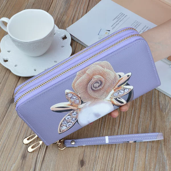 New double zipper hand wallet ladies long soft wallet fashion printing large capacity double wallet mobile phone bag