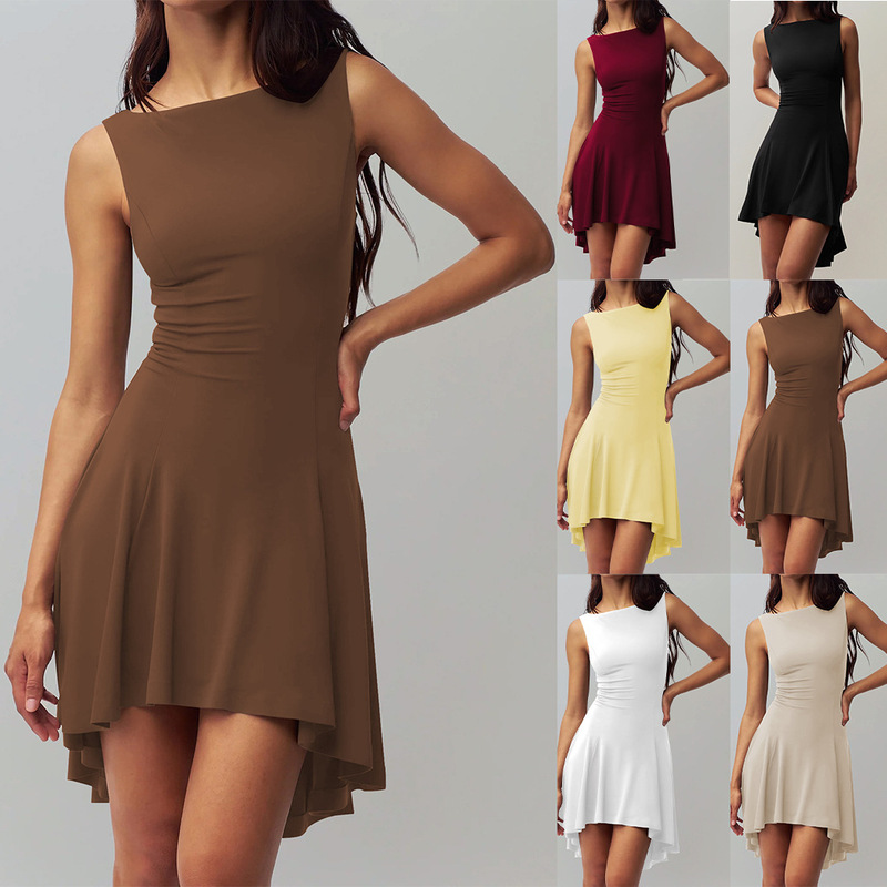 Amazon 2025 Slim-fit Solid Color New Sleeveless Sexy Spice Girls European and American One-character Collar dress Slim-fit Slim Back Amazon 2025 Slim-fit Solid Color New Sleeveless Sexy Spice Girls European and American One-character Collar dress Slim-fit Slim Back