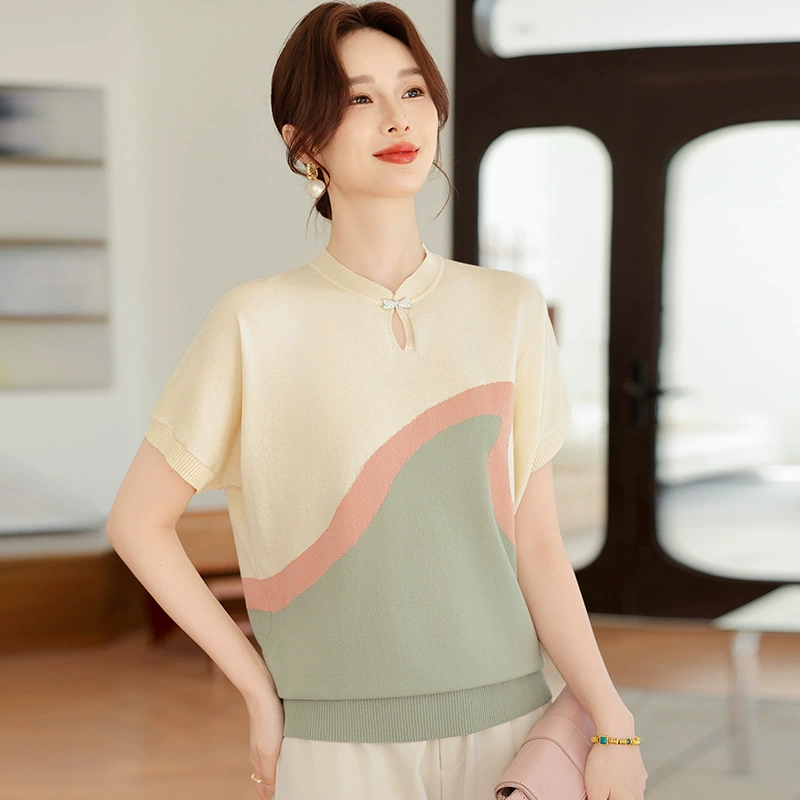 Мама летняя темпераментная футболка с короткими рукавами футболка среднего возраста женская летняя вязаная куртка из ледяного шелка 2025 новый стиль